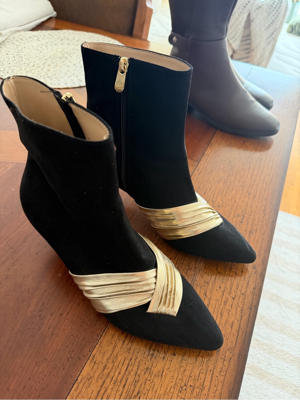 Adrienne Vittadini Black Suede Ankle Boots with Gold Wrap Accent